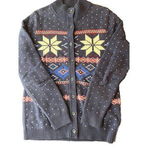 Lands End Cardigan‎ Sweater Fair Isle Heavyweight Blue Button Up Cotton Winter S